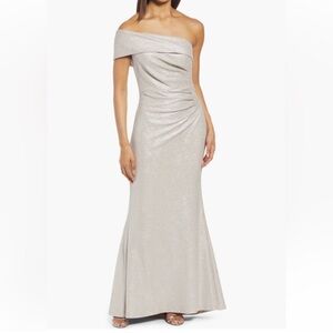 Eliza J Metallic Knit One Shoulder Gown